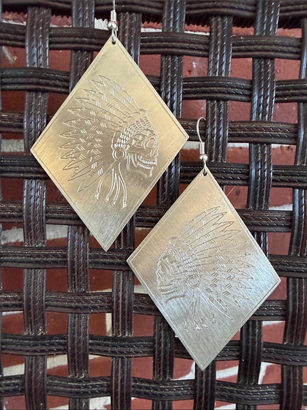 Silver-Tone Native Headdress Skull Earrings